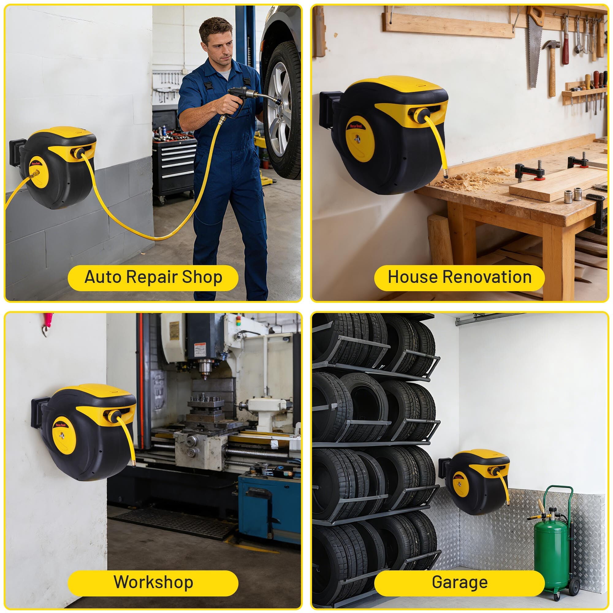 Yescom 3/8" x 100 ft Retractable Air Hose Reel 300 PSI Max Auto Rewind Ceiling / Wall Mount 180° Swivel Air Compressor