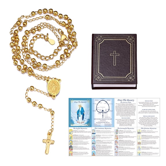 FaithHeart Virgin Mary Rosary Necklace for Women 14K Gold Plated Stainless Steel Dainty Blessed Bead Catholic Christian Church Jesus Cross Necklace with Pray Card Mothers Day Jewelry Gift for Mom