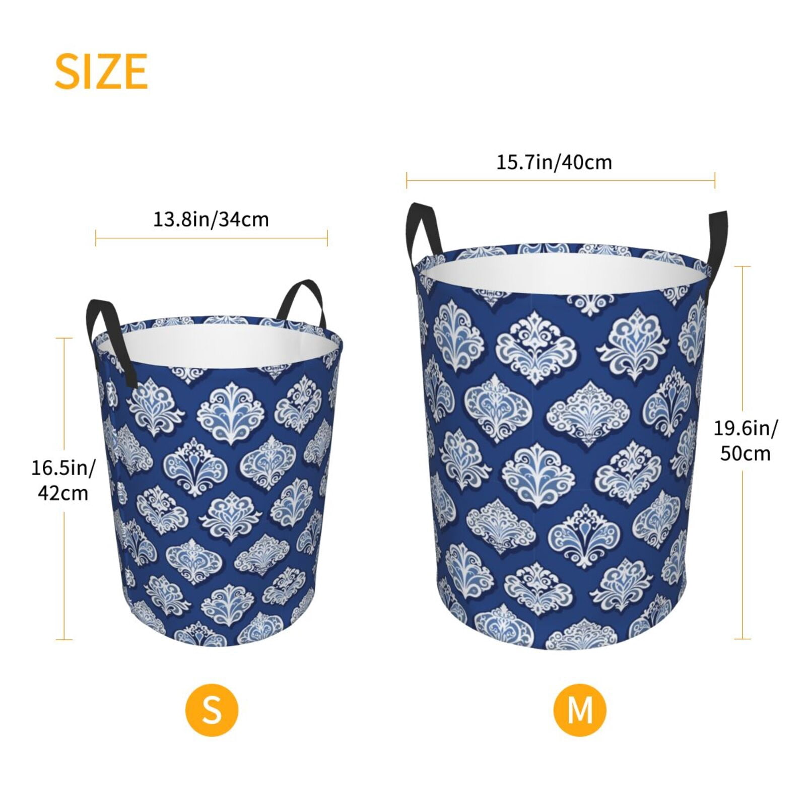 Large Laundry Basket with Handles - Retro Traditional Royal navyblue Kids Baby Dirty Clothes Laundry Hamper for Bedroom Aesthetic