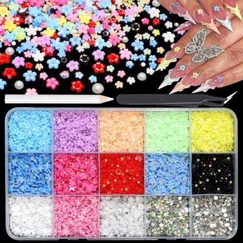 Colorful Flower Assorted with Caviar Beads White Flatback Glitter Rhinestone Flower for Nails Art Manicure Design Accessories