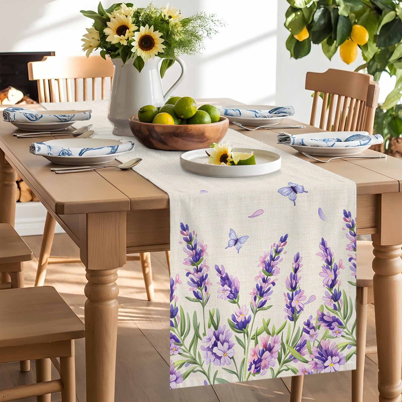 Vintage Lavender on Linen Table Runner 90 Inches Long, Country Floral Art Table Runners Tabletop Scarf Kitchen Dining Tables Decoration for Home Party Indoor Outdoor