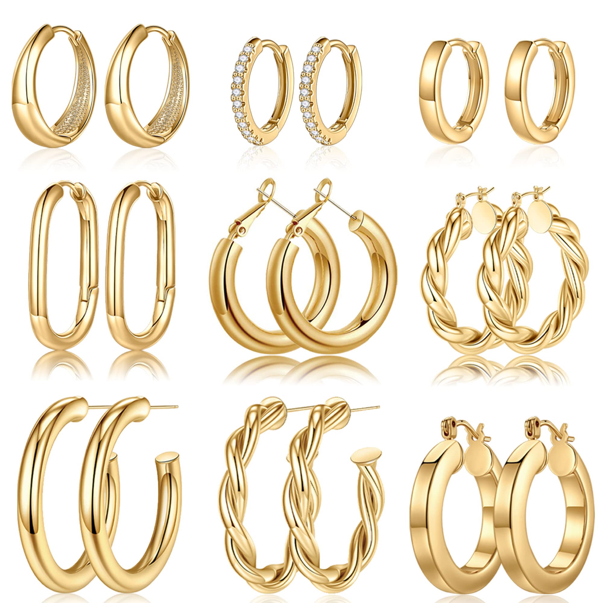 Turandoss 9 Pairs 14K Gold Plated Twisted Chunky Huggie Hoop Earrings Set for Women Trendy Hypoallergenic Thick Lightweight Fashion Accessories Jewelry Birthday Gifts for Women Her Mom Wife Ideas