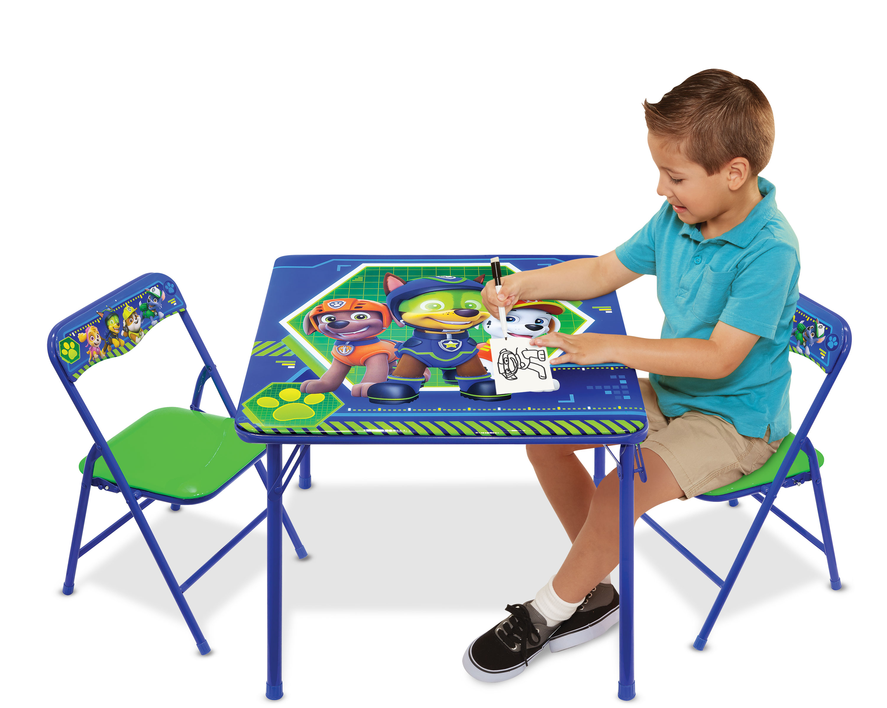 Paw Patrol Code Paw Erasable Activity Table 2 Chairs with Safety Lock  and Non Skid Rubber Feet & Padded Seats – (Blue/Green)