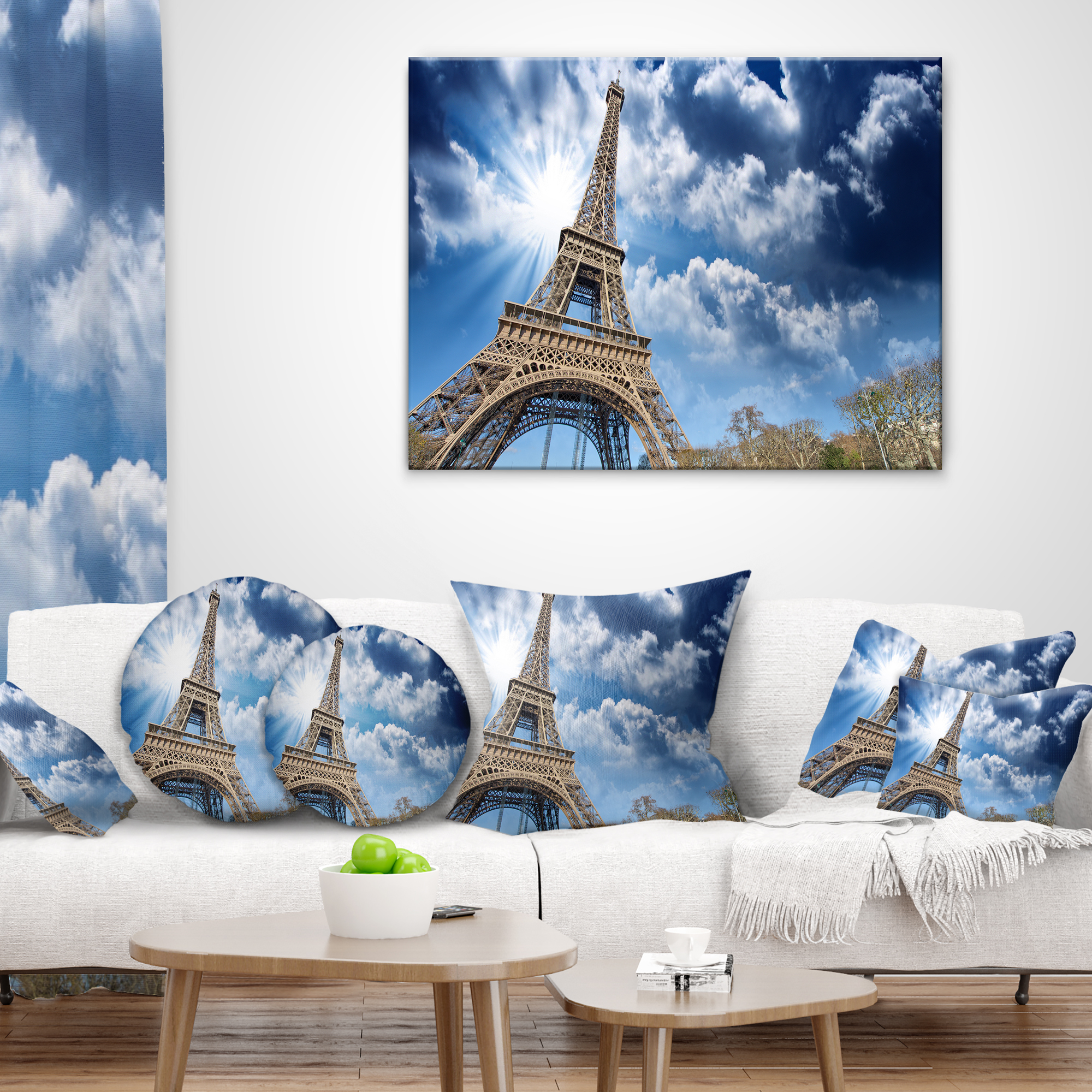 Designart Eiffel Under Blue Sky - Skyline Photography Throw Pillow - 18x18