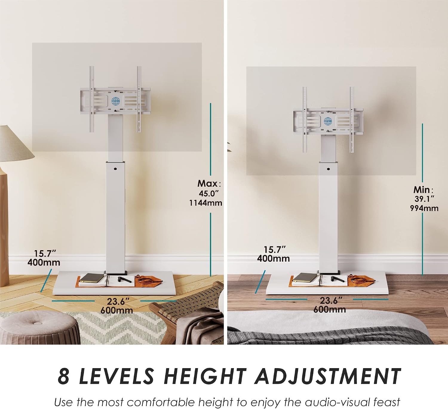 FITUEYES Floor TV Stand for 32–65 Inch TVs, White, Swivel Mount, Height Adjustable, Iron Base