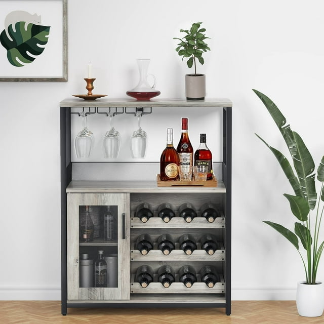 Sakiyr Home Bar Unit with Wine Rack and Glass Holder, Industrial