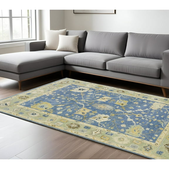 6' X 9' Blue And Green Wool Oriental Hand Knotted Area Rug With Fringe