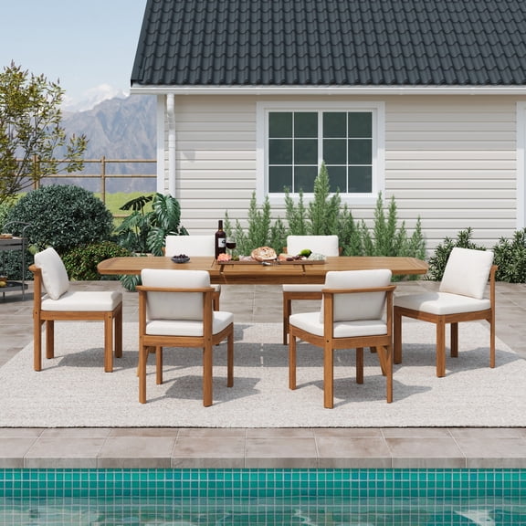 Christopher Knight Home 7-Piece Outdoor Wood Dining Set, Expandable Table with Cream Cushioned Chairs, Teak