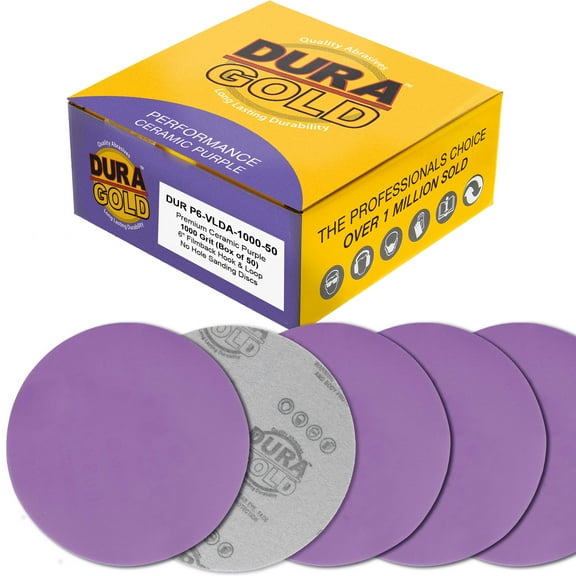 Dura-Gold Premium 1000 Grit 6" Purple Film Ceramic Sanding Discs, Box of 50 - Hook & Loop Backing Sandpaper for DA & Random Orbital Sanders - Car Detail Color Sanding Auto Paint, Sand Wood