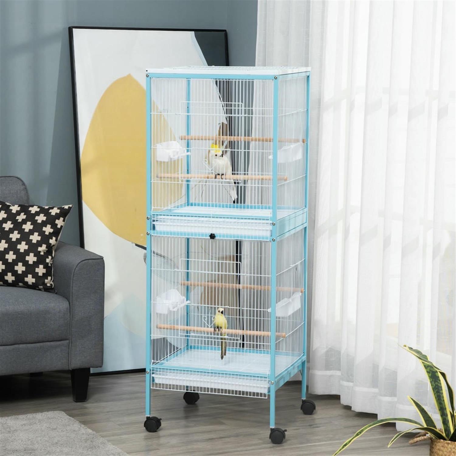 resenkos 55" Height 2 In 1 Flight Cage, Bird Cage with Rolling Stand for Parrots Conures Lovebird Cockatiel Parakeets, Blue