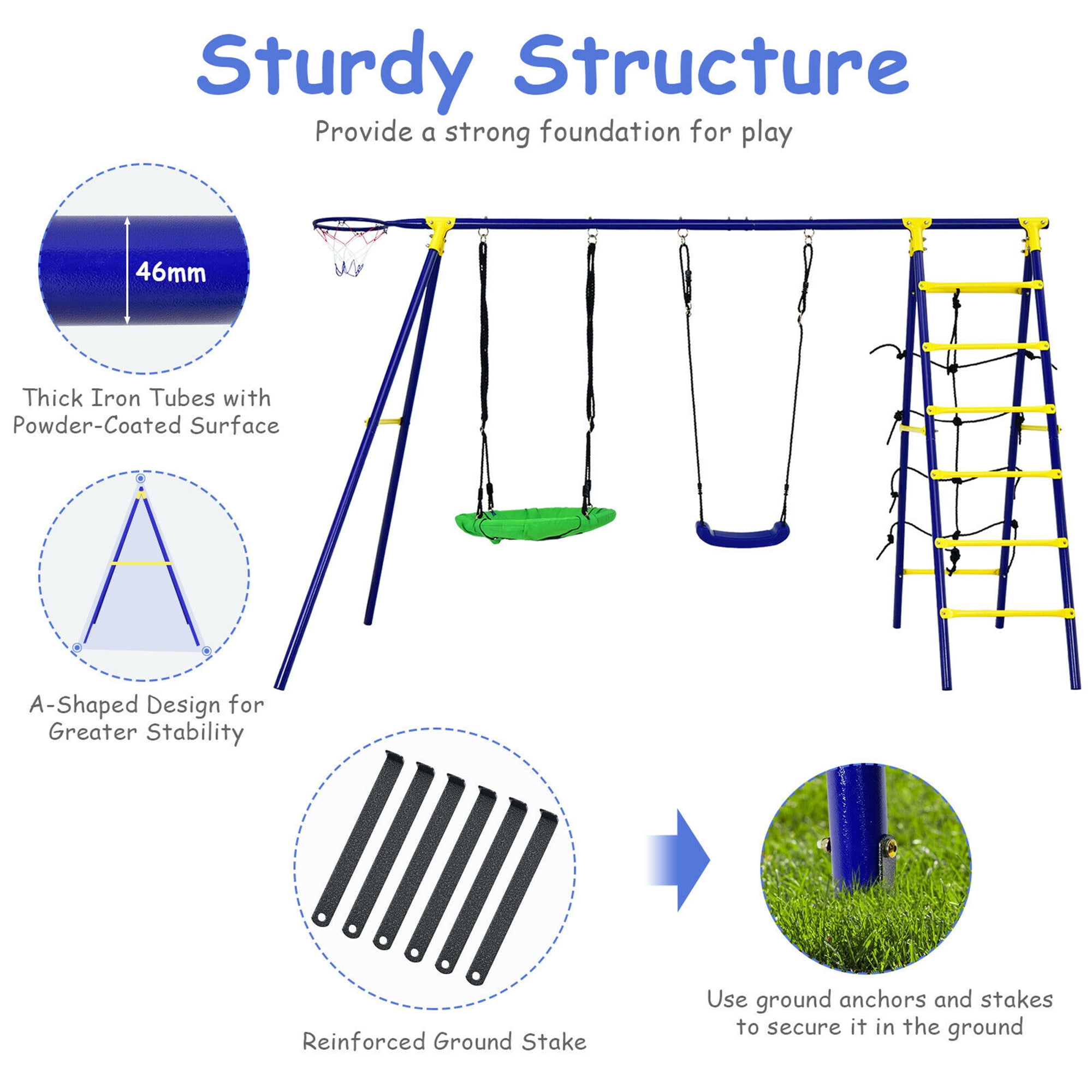 Gymax 5-In-1 Kids Swing Set for Outdoor W/ Heavy Duty Frame Basketball Hoop & Climbing Ladder