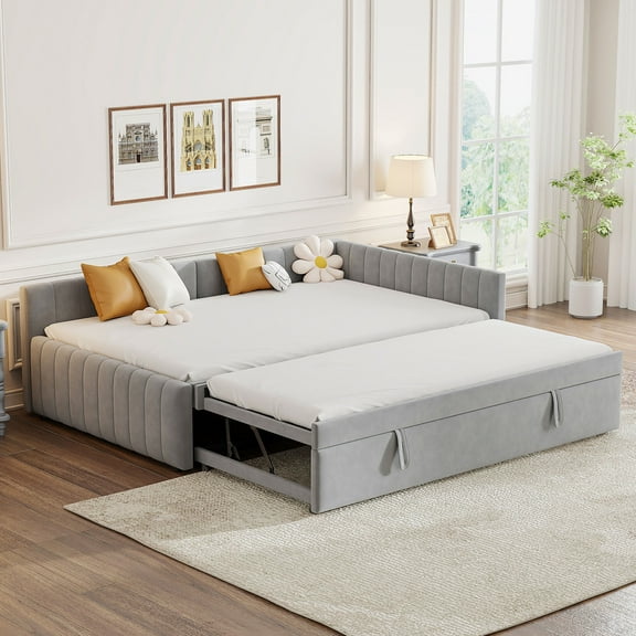 MODERNLUXE Full Size Upholstered Daybed, L-Shaped Day Bed Frame with Twin Size Pop Up Trundle for Bedroom,Gray