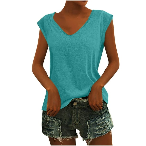 Tops Para Mujer Elegante Blusa Casual Moda Causal Cuello en V Impresión Sólido Camiseta Sin Mangas Odeerbi ODB160765