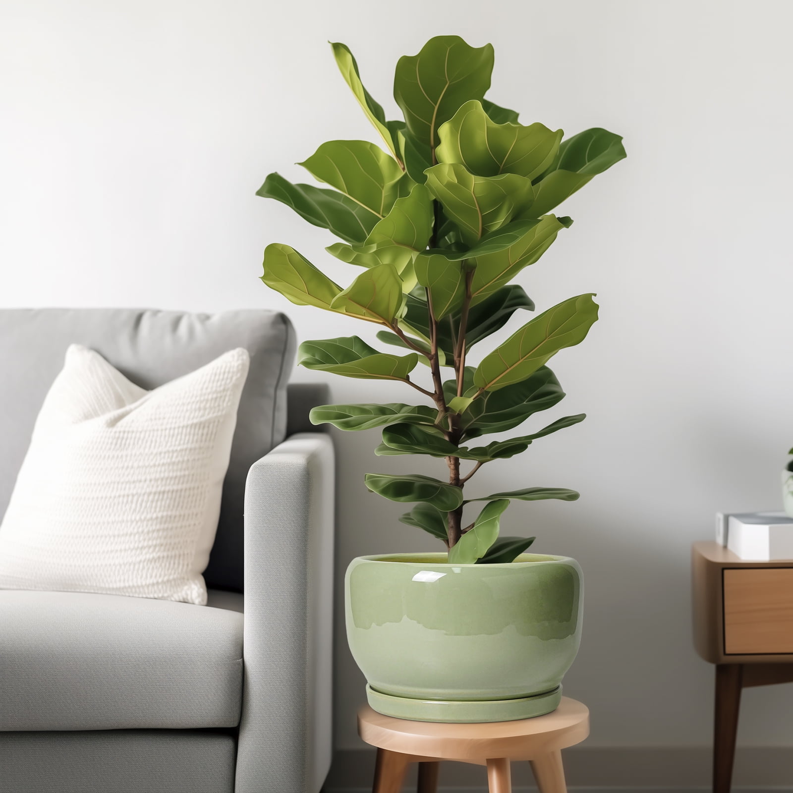 Ordivic 10 inch Glossy Green Ceramic Plant Pots with Drainage & Saucer, Large Round Pots for Monstera,Fiddle Leaf Fig,Entryway Decor