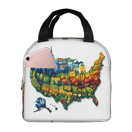 Insulated Lunch Bag for Women Men - USA Map Floral States Leakproof Cooler Lunch Box for Women Men  Lunch Tote Bags for Work School Picnic Travel