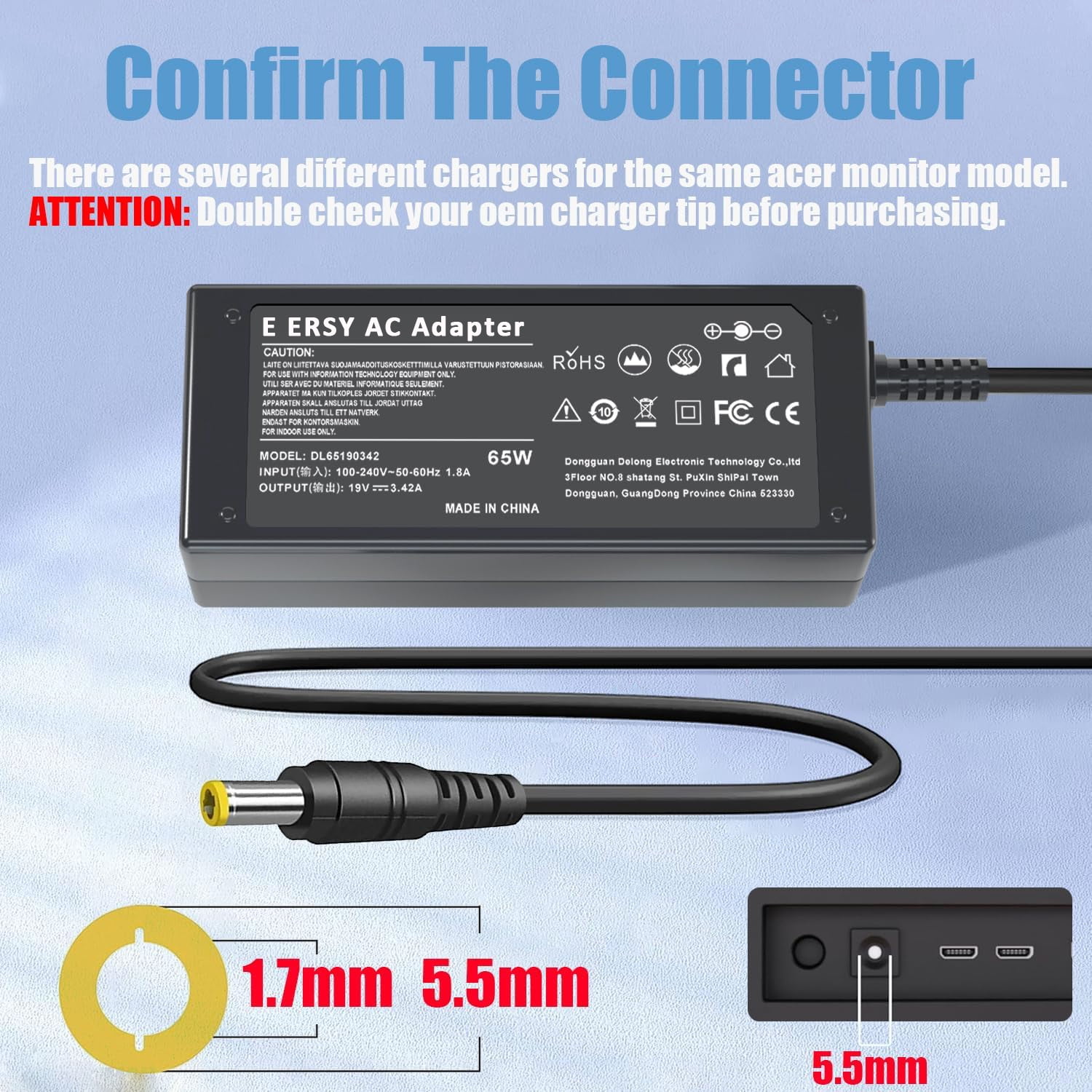 19V Power Supply for Acer LCD SB220Q S230HL SA230 R240HY H236HL S202HL G236HL G276HL H0236HL  Acer Monitor Power Cord