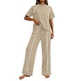 thumbnail image 5 of QATAINLAV Two Piece Sets for Women Summer Workout Outfits Mock Neck Short Sleeve Tees Tops and Side Slits Wide Leg Pants Matching Sweatsuit Khaki M, 5 of 8