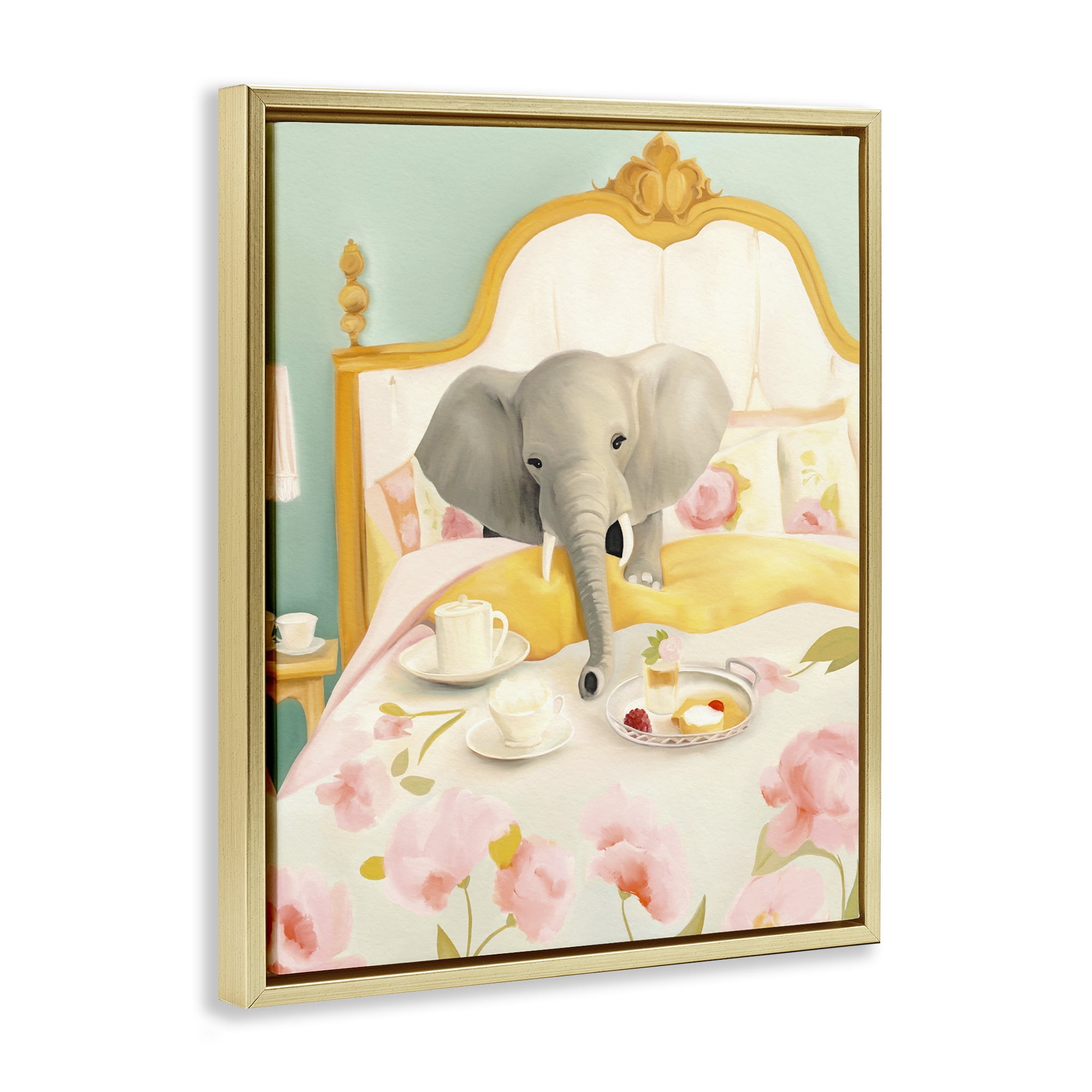 Breakfast in Bed Elephant Gold Framed Floater Canvas Wall Art, design by Leah Straatsma