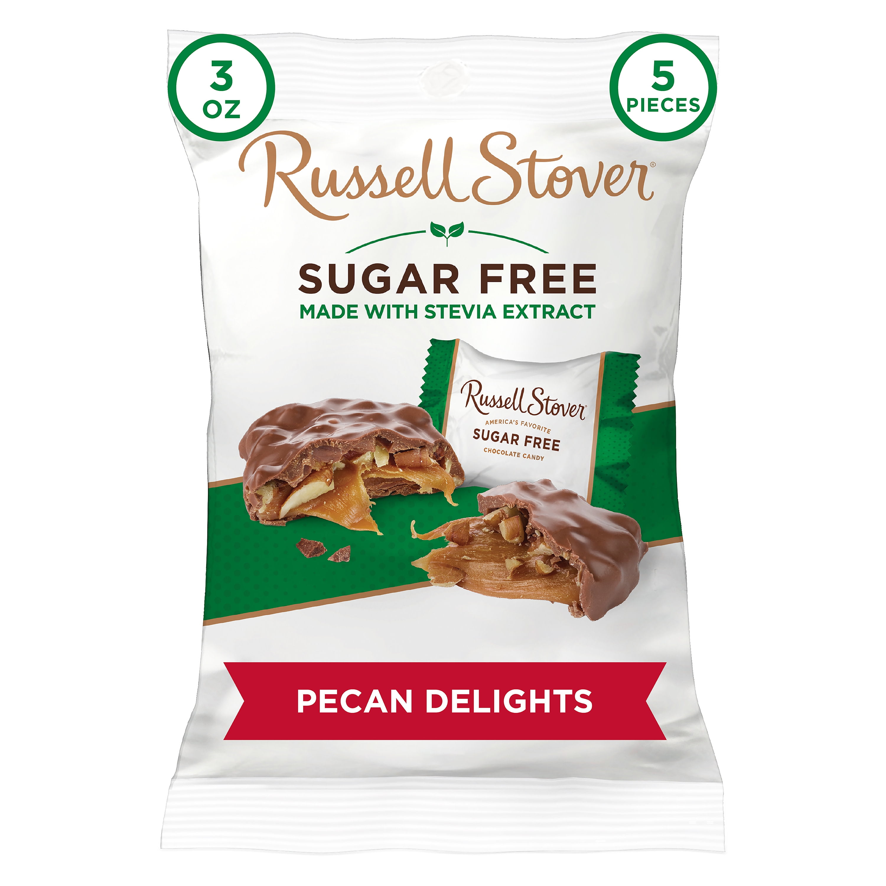 Russell Stover Sugar Free Milk Chocolate Pecan Delights with Stevia, 3 oz. Bag