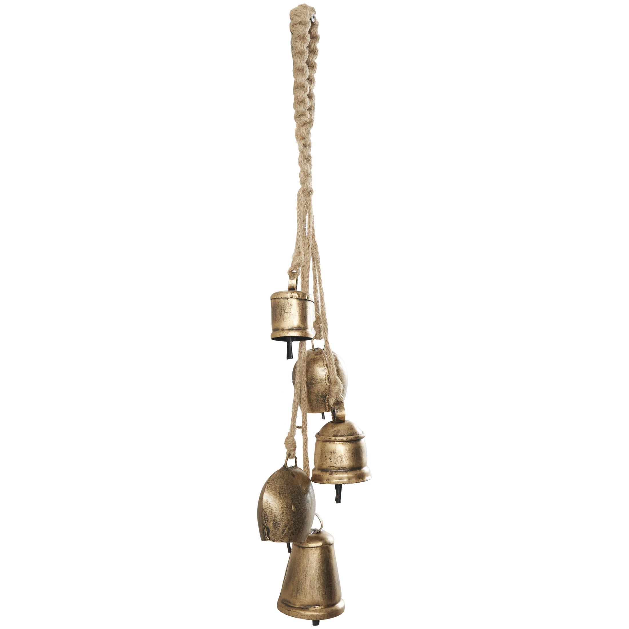 DecMode Tibetan Inspired Cascading Gold Metal Various Shapes Decorative Cow Bells with 5 Bells on Jute Hanging Rope