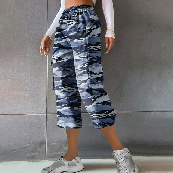 Simua Cargo Capris for Women Camouflage Elastic Waist Casual Beach Cropped Pants with Pockets