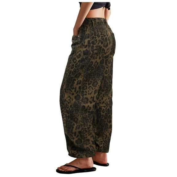 Huowey Women's Pants Tube Shaped Jeans with Leopard Print Print On The Middle Tube Denim Ankle Long Pants Retro Casual Jeans