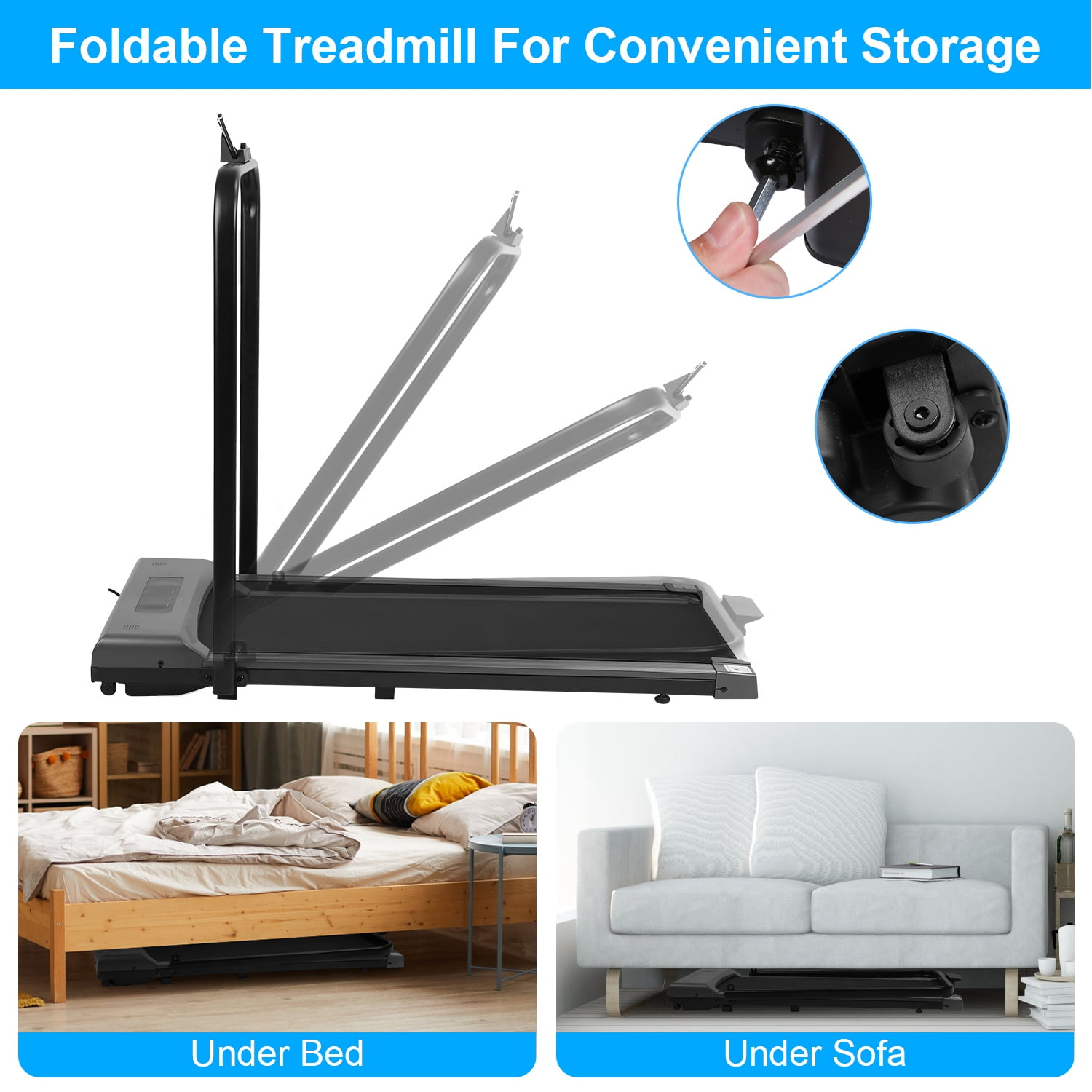 Moclever 2 in 1 Under Desk Folding Treadmill 1-10km/h Walking Pad with Remote Control Wireless App Control Free Installation Jogging Machine for Home Office, Black