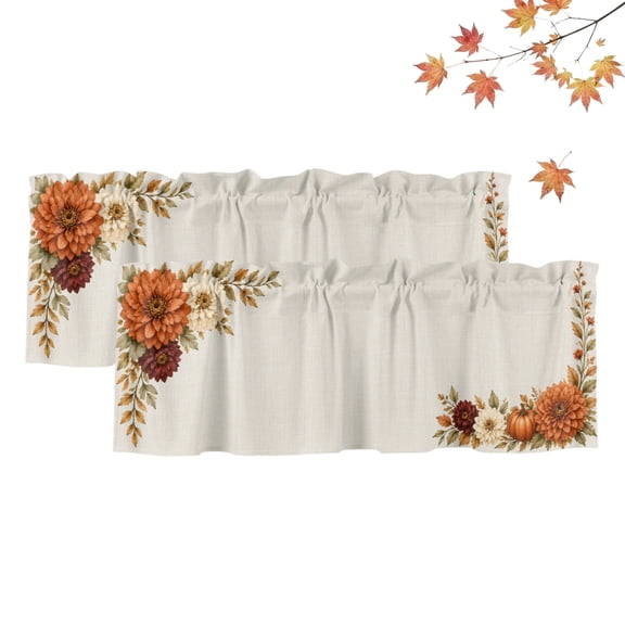2 Pack Windows Valance for Kitchen,Thanksgiving Fall Flower Leaves Rod Pocket Short Curtain Panels Window Treatment for Bathroom Bedroom Living Room,Autumn Pumpkin Farm Burlap