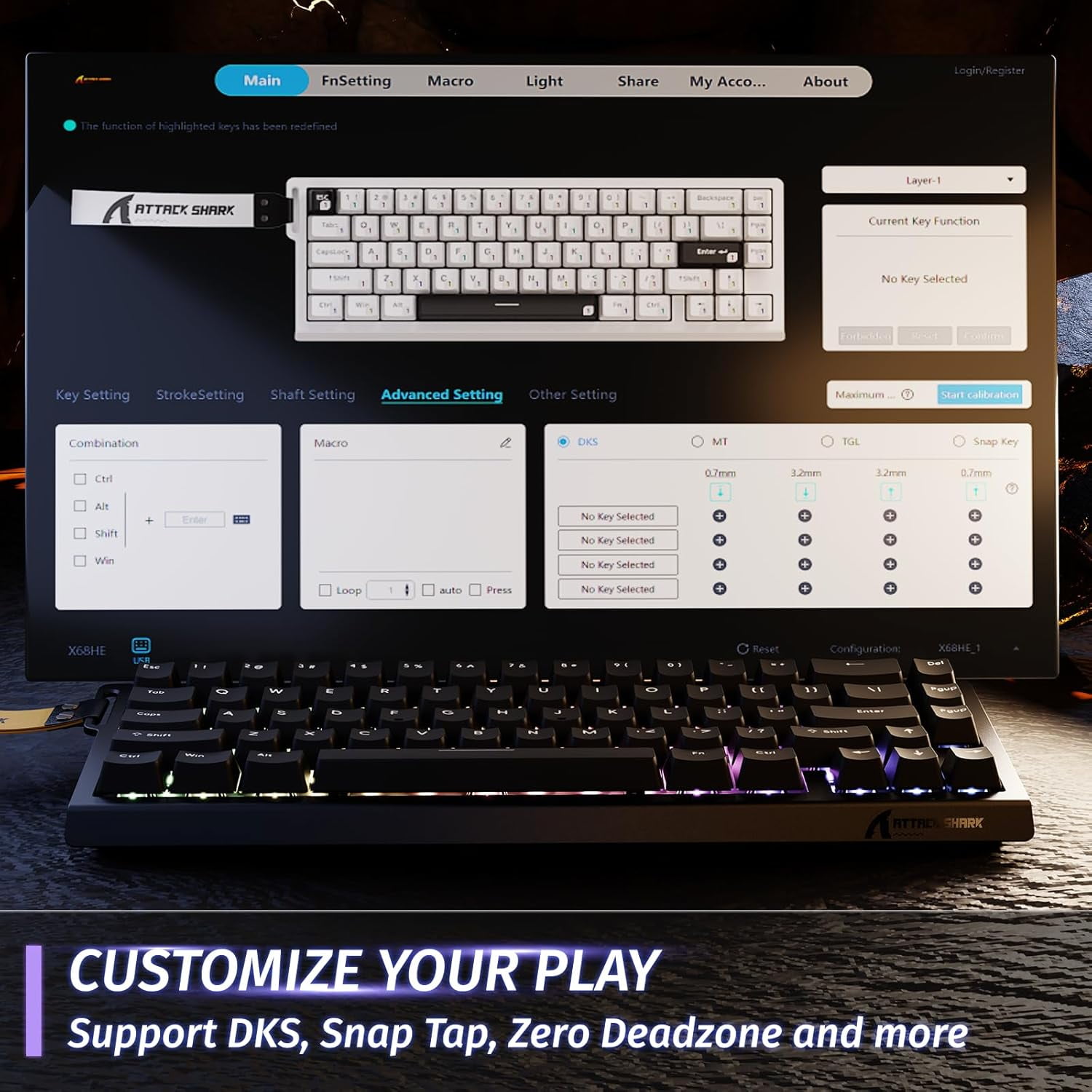 ATTACK SHARK X68 HE Rapid Trigger Keyboard Magnetic Switch, 60% Wired 8KHz Magnetic Keyboard With 0.01mm RT Accuracy, Support RT/Snap Tap/DKS/MT/TGL