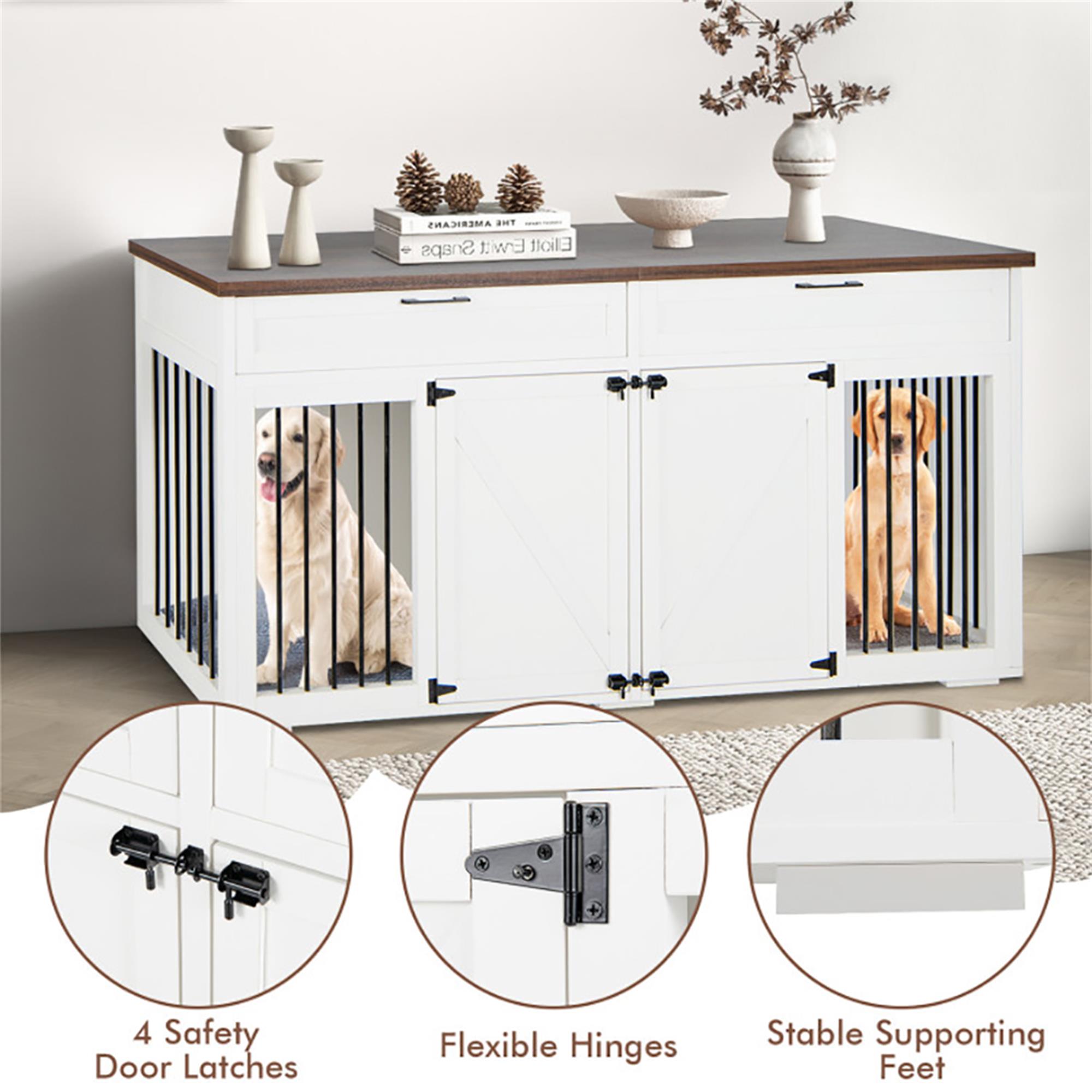 resenkos 72" Double Door Dog Crate with Partition for Two Puppies, Furniture Style Dog Cages, Indoor Wood Kennel with Room Divider, White