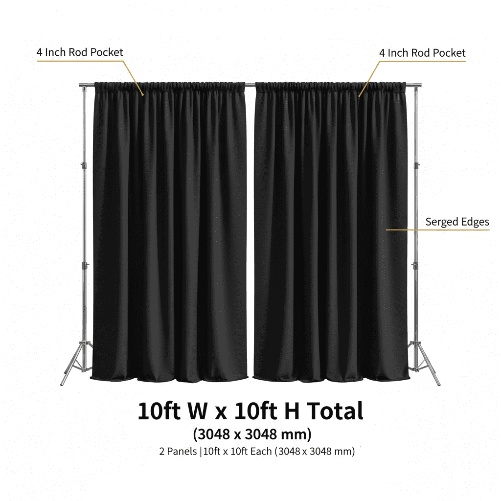 2 Pack 10 ft x 10 ft Polyester Curtain Panels for Weddings, Events & Home Decor - Black
