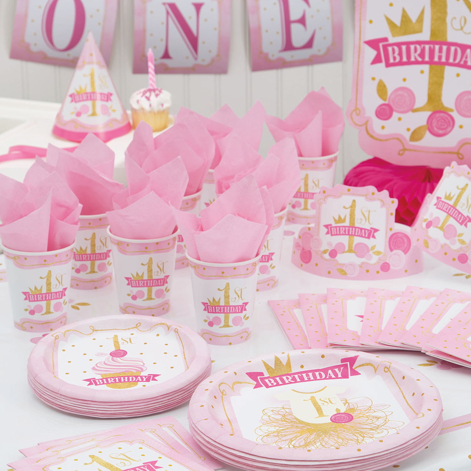 8 ~ First Party Supplies Cake 1st BIRTHDAY Pink and Gold SMALL PAPER PLATES 