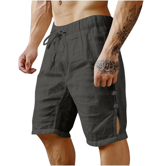 Mens 5 Inch Linen Shorts - Casual Elastic Waist Drawstring Side Slit Summer Beach Shorts with Pockets