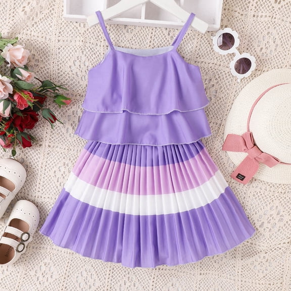 Vedolay Skirt For Girl Kids Toddler Girls 2Pcs Skirt Outfits Ribbed Knit Puff Sleeve Shirt Tops Floral Plaid A-line Skirt Summer Clothes Set,Purple 4-5 Years