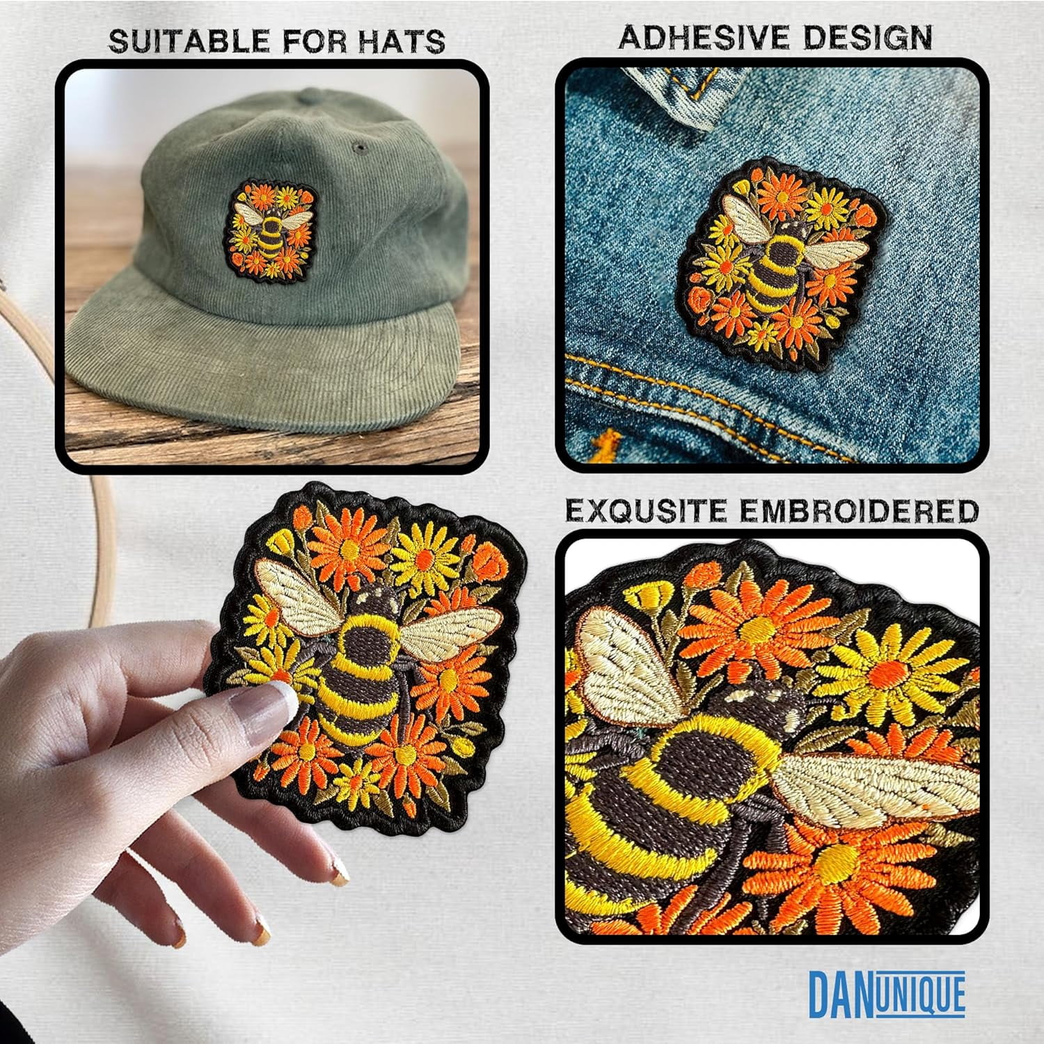 Bumble Bee Floral Patch 3" Nature Wildflower Bee Embroidered Patches Animals Insect Lover Embroidery Patch for Caps, Bags, Backpacks, Hat, Jackets, Uniform DIY PVC Gifts for Her Him 3 Inches