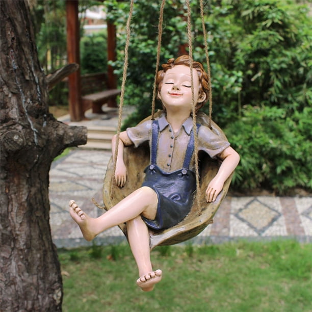 Decoración colgante de estatua de jardín, adornos de árbol de resina, niño somnoliento en hamaca, esculturas de caprichos para patio de césped con ramas de árboles