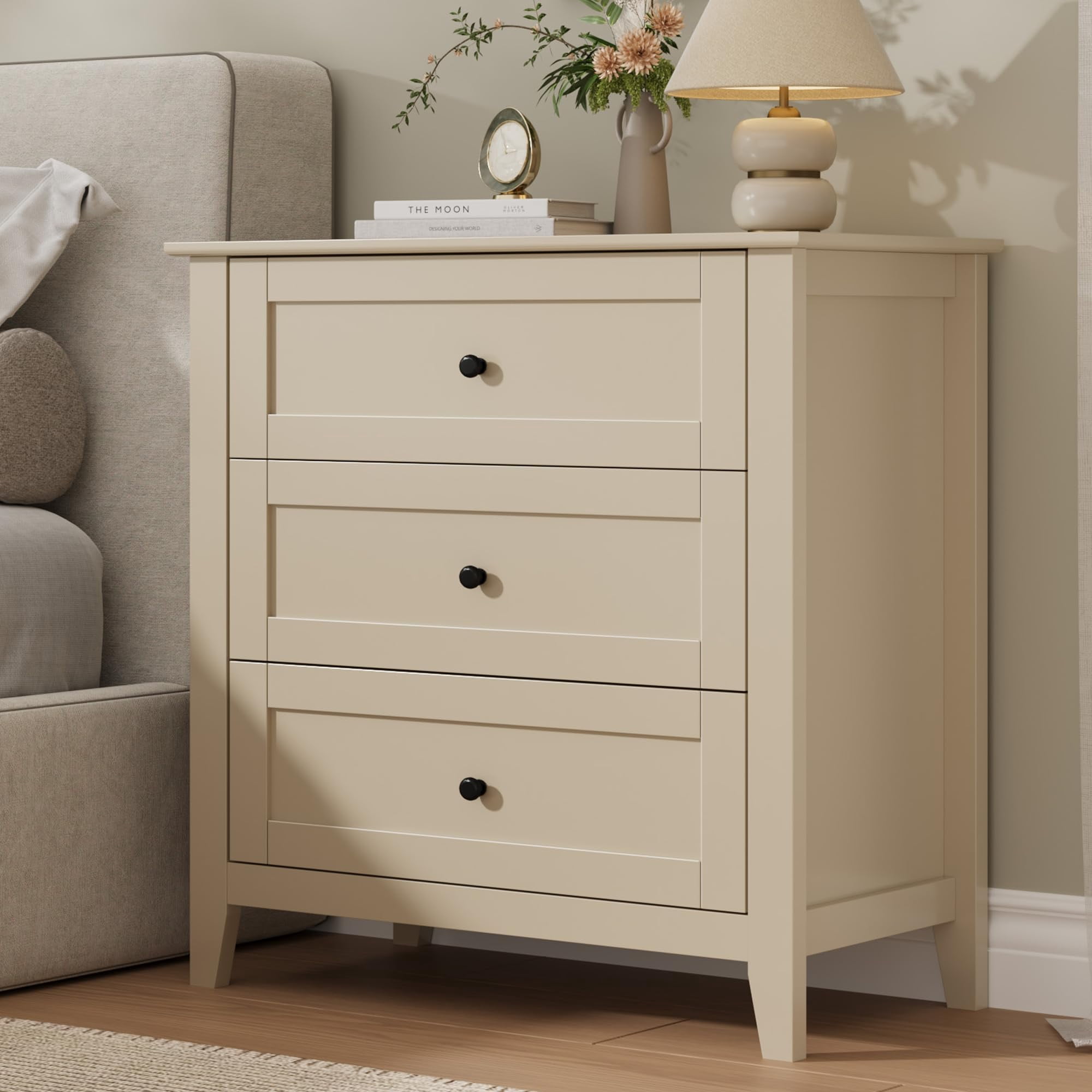 SOLLED Nightstand with 3 Drawers Bedside Table Storage Cabinet Modern Farmhouse End Table for Bedroom Living Room Entryway Sturdy Wood Frame