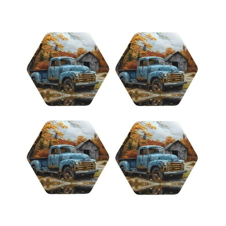 

Coasters Set of 4 - Rustic Vintage Truck Autumn Drink Coasters for Tabletop Protection Leather Coasters for Living Room Decor and Housewarming Gift Hexagon