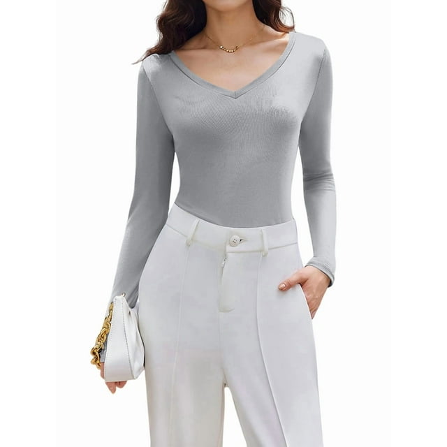 Womens Long Sleeve V Neck Ribbed Knit Fitted Casual Tops Tee Slim Basic Shirt Light Gray M