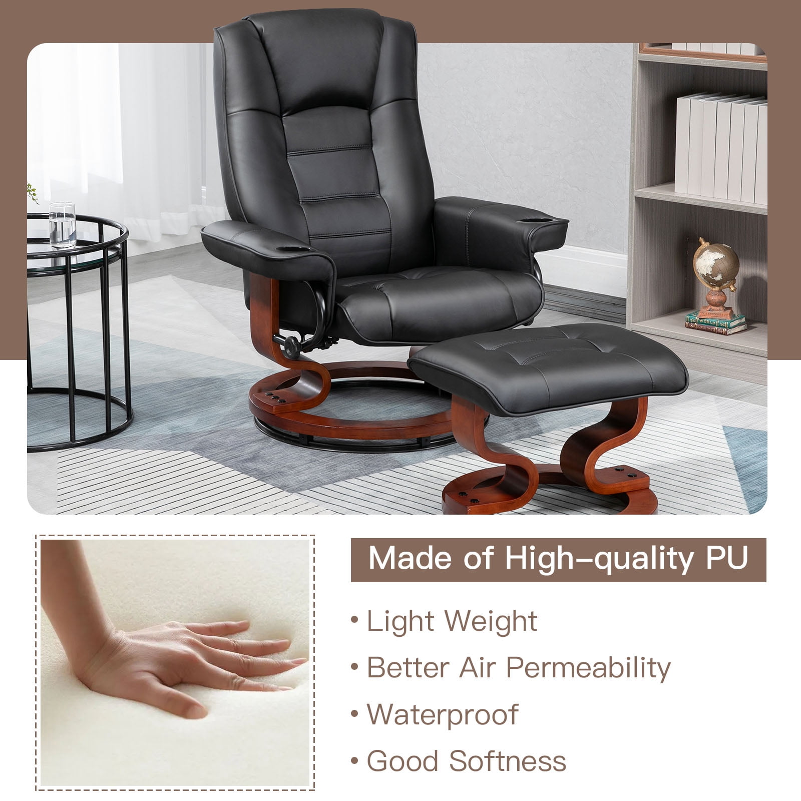 AVAWING Reclining Chair with Ottoman Faux Leather Swivel Design