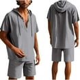 thumbnail image 1 of Conjunto de Pantalones Cortos para Hombre 2 Piezas Outfits Color Sólido Botón Cordón de Lino Camiseta con Capucha Y Pantalones Cortos de Playa, 1 of 9