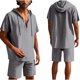 thumbnail image 1 of Conjunto de Pantalones Cortos para Hombre 2 Piezas Outfits Color Sólido Botón Cordón de Lino Camiseta con Capucha Y Pantalones Cortos de Playa, 1 of 9