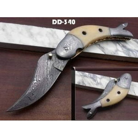 Damascus steel hand forged custom rain drop patren 8 folding pocket knife 4 blade Camel Bone & Damascus bolster scale cow leather sheath