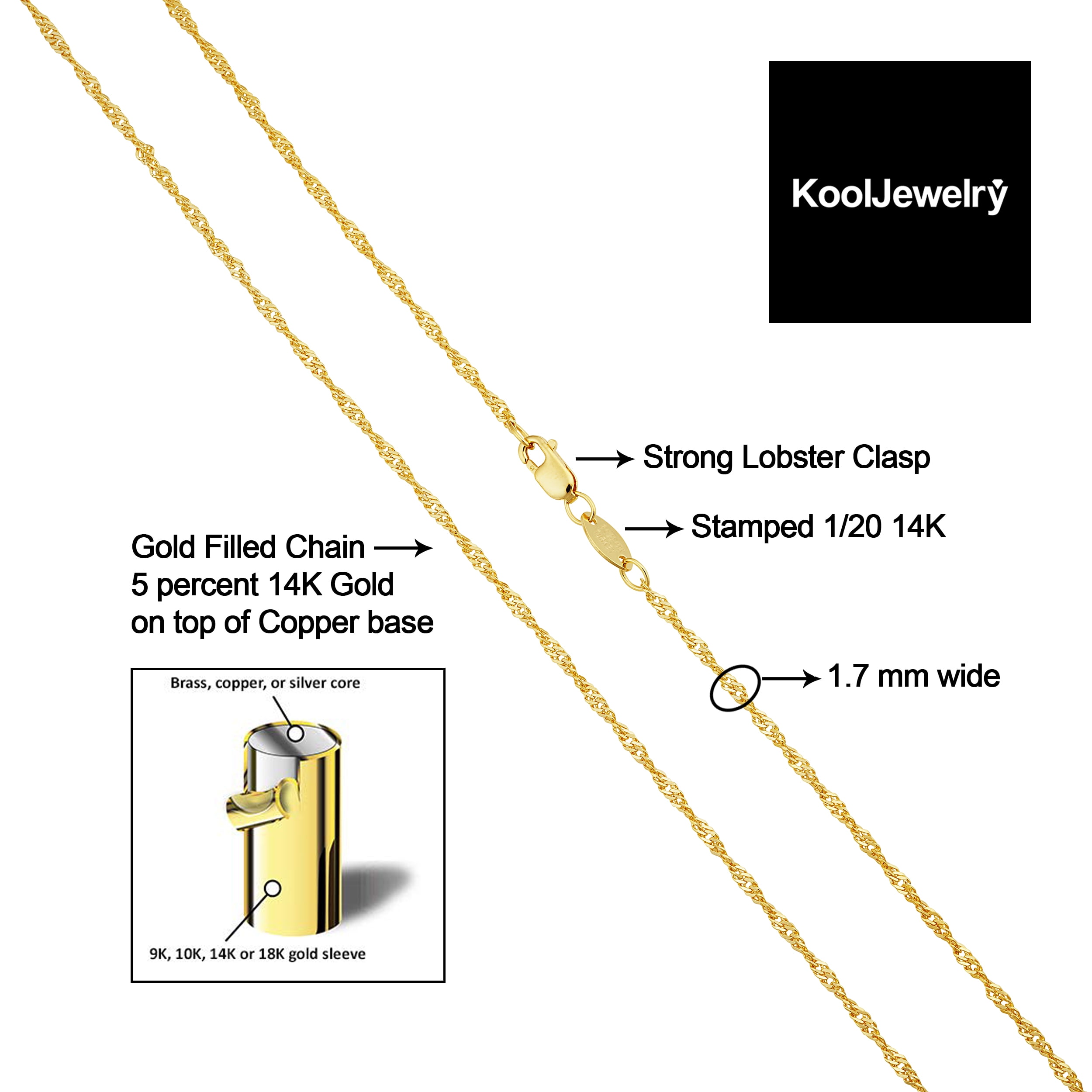 KoolJewelry 14k Yellow Gold Filled Singapore Chain Pendant Necklace (1.7 mm, 16 inch)