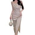 thumbnail image 1 of Vestido con tirantes para mujer, falda delgada plisada con abertura de temperamento de color sólido y tirantes, champán, L, 1 of 6