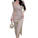 thumbnail image 1 of Vestido con tirantes para mujer, falda delgada plisada con abertura de temperamento de color sólido y tirantes, champán, L, 1 of 6