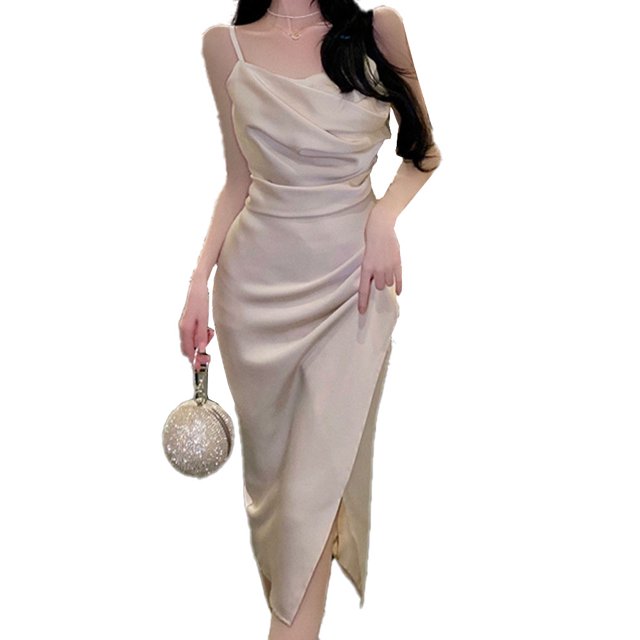 Vestido con tirantes para mujer, falda delgada plisada con abertura de temperamento de color sólido y tirantes, champán, L