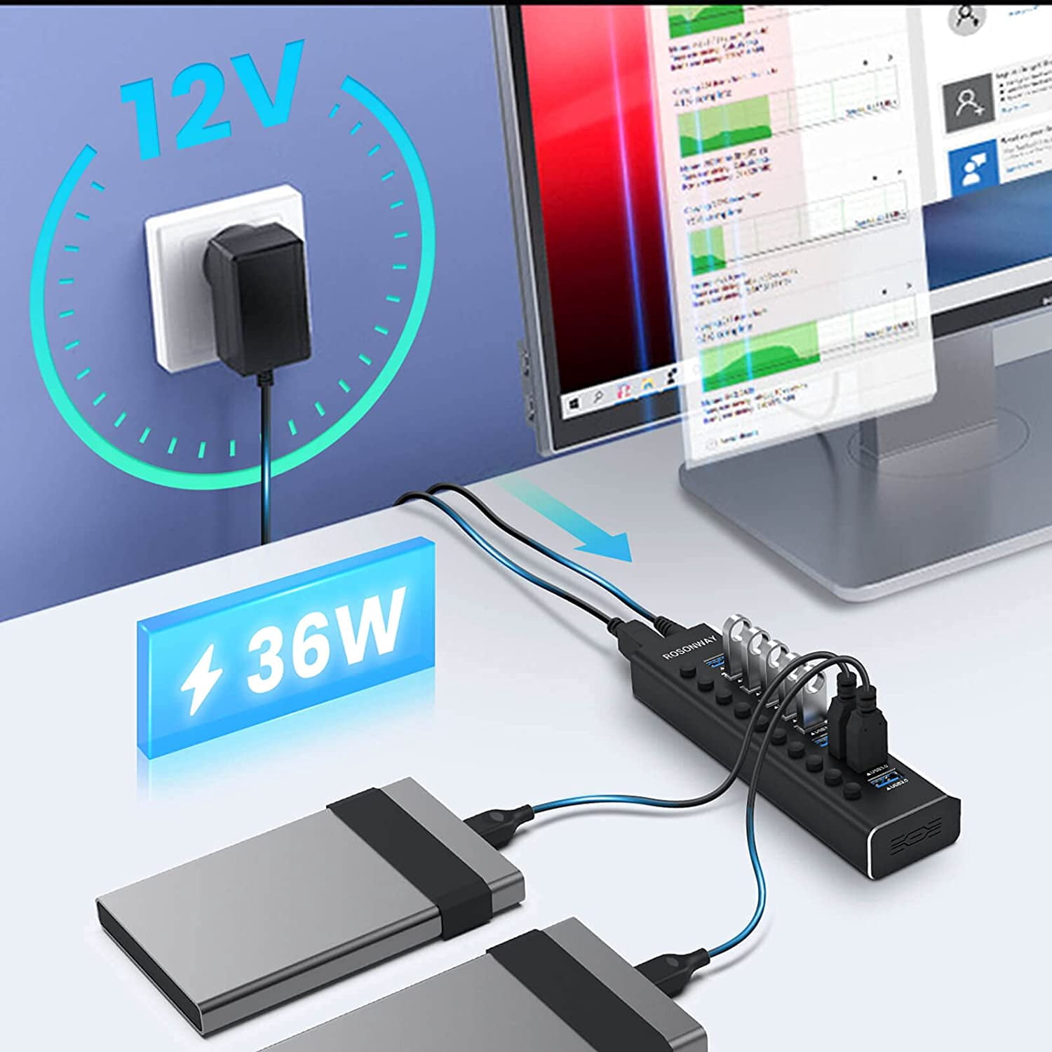 ROSONWAY Aluminum 10 Port 36W Powered USB 3.0 Hub with 12V/3A Power Adapter and Individual On/Off Switches, RSW-A10
