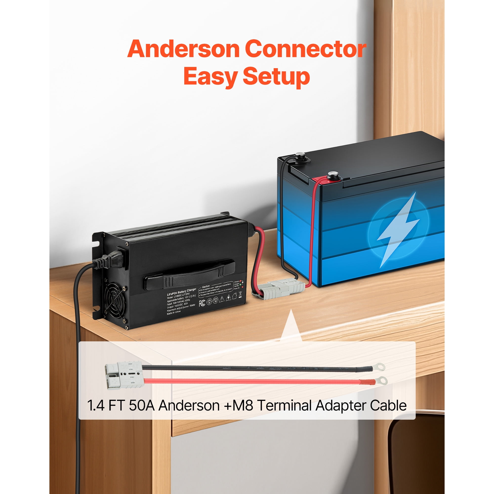 KFFKFF 12V 40A Lithium Battery Charger, 14.6V AC-DC LiFePO4 Smart Charger with Anderson Connector, LED Indicator, 0V Activation, Compatible with Lithium LiFePO4 Deep Cycle Batteries for Boats and RVs