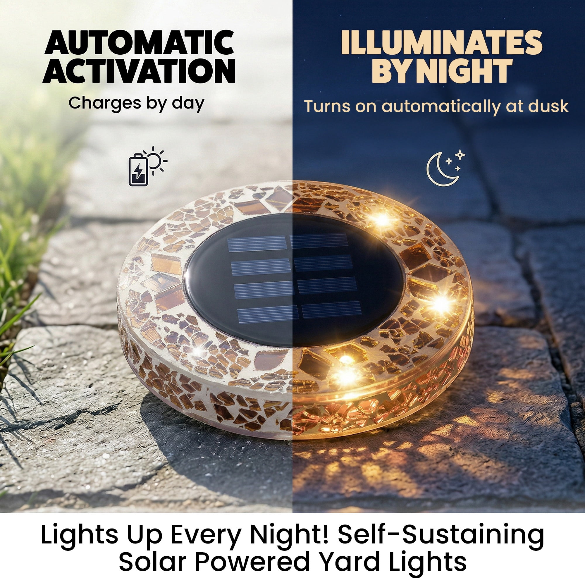 Bell+Howell Solar Outdoor Mosaic Disk Lights, 4 Pack Ultra-Premium Glass Decorative Pathway, Solar Outdoor Waterproof Disk, LED Pathway, Auto On/Off Lights - Tan